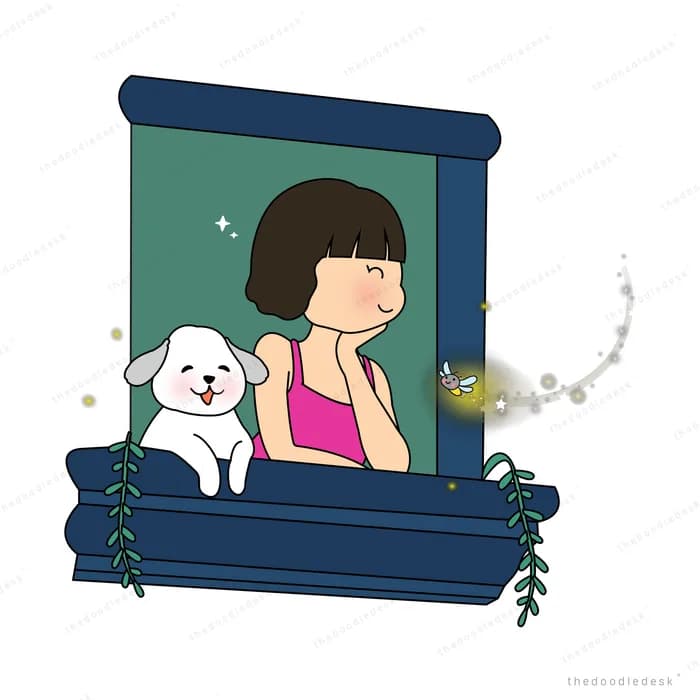 Woman and white dog sitting on a dark window ledge at night under a hanging lamp