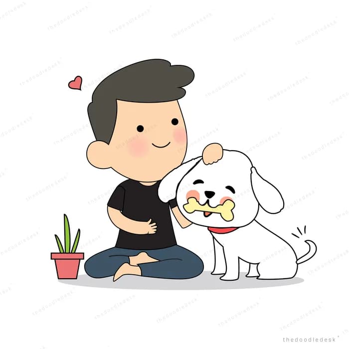 Man sitting on the floor cuddling two white dogs beside a potted plant