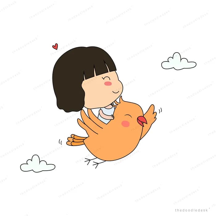 Girl riding a plump orange bird through the clouds