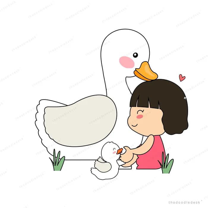 Girl kneeling in grass petting a large white goose and its duckling
