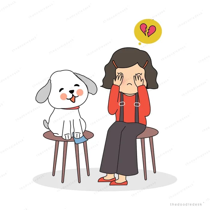 Woman sitting on a stool beside her white dog with a broken heart bubble overhead