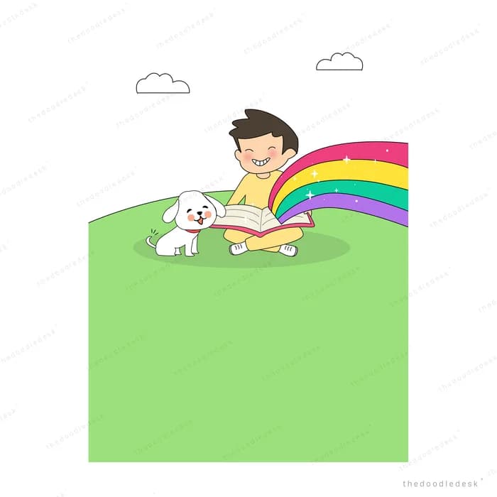 Boy reading a book with a white dog on a green hill beside a rainbow