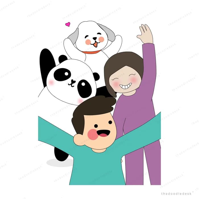 Cheering family in teal and purple with two pandas climbing on them