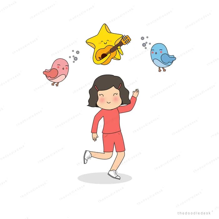 Girl dancing with two small birds and a star playing a guitar overhead