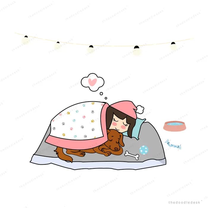 Girl asleep under a spotted duvet with a dog curled at her feet and a heart thought bubble
