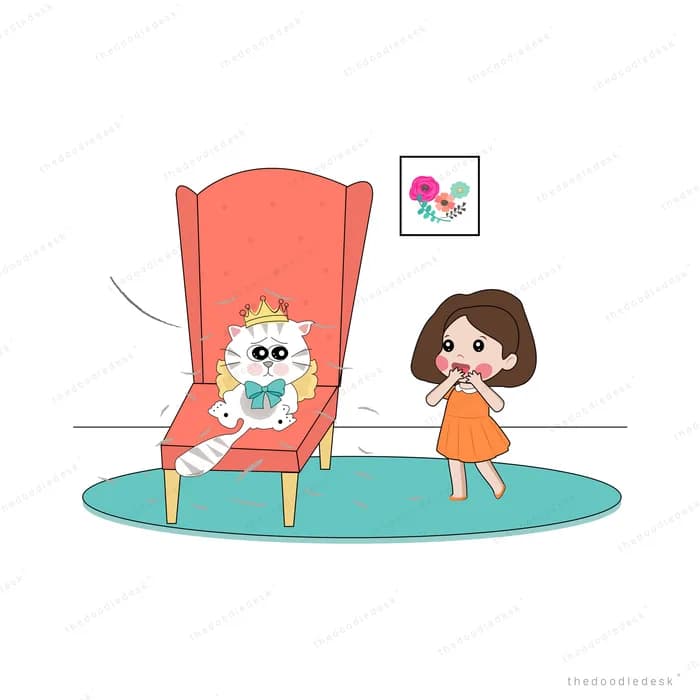 Cat in a crown lounging on a red armchair while a girl stands beside it on a rug