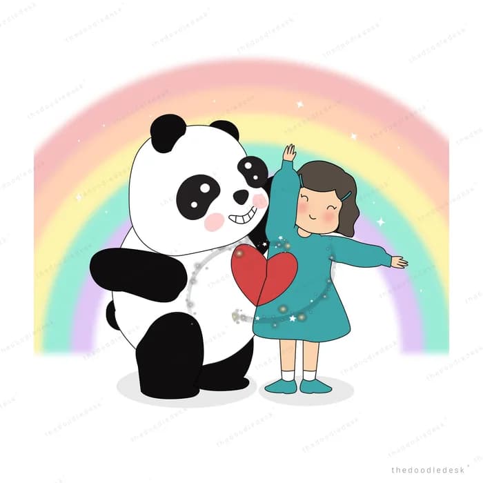 Panda and girl sitting together in front of a pastel rainbow holding a heart garland