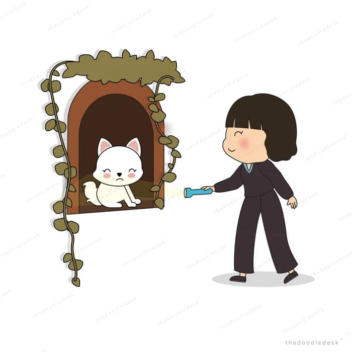 Girl offering food to a white cat sitting in an ivy-covered arched niche
