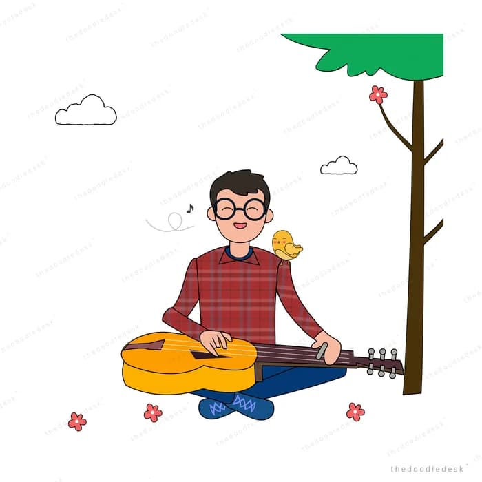 Man in a plaid shirt sitting under a tree playing an acoustic guitar with a bird on his shoulder