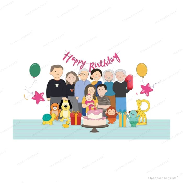 Large family gathered behind a birthday cake under a happy birthday banner with balloons and a dog