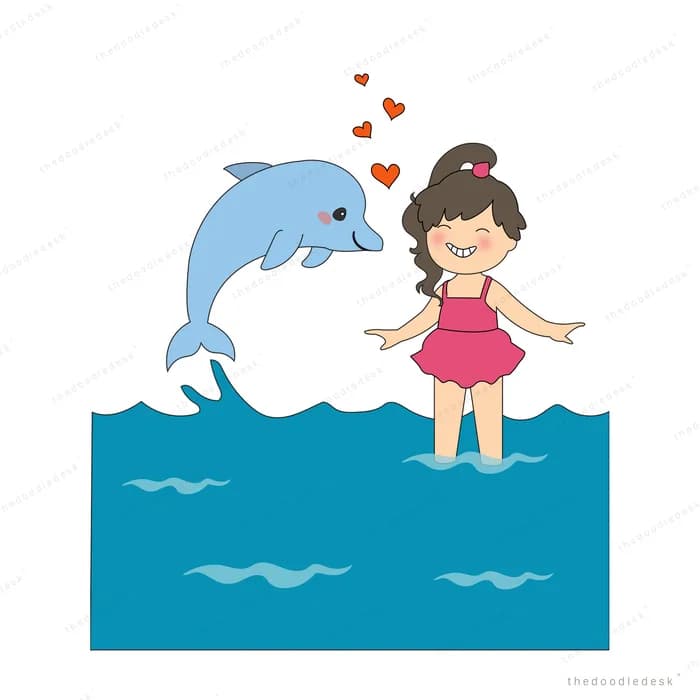 Girl standing at the water's edge watching a dolphin leap with hearts above