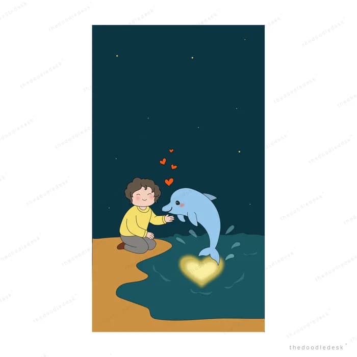 Boy reaching out to a dolphin leaping from dark water above a glowing heart