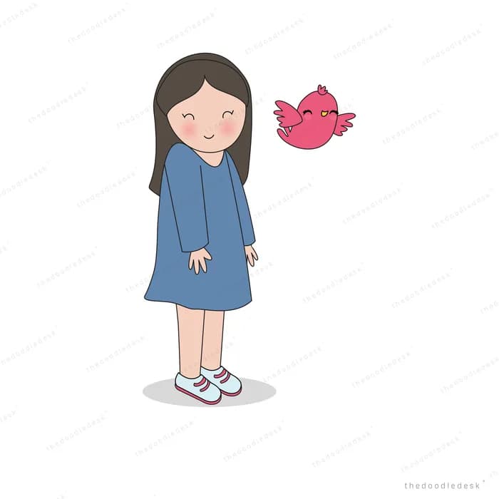 Girl in a blue dress standing with a small pink bird hovering beside her