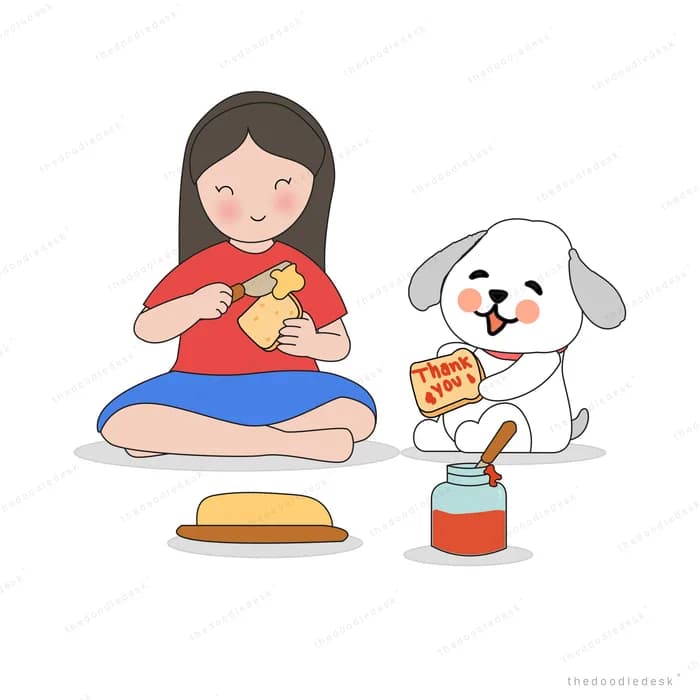 Girl sitting cross-legged spreading jam on bread while a white dog holds a thank you note