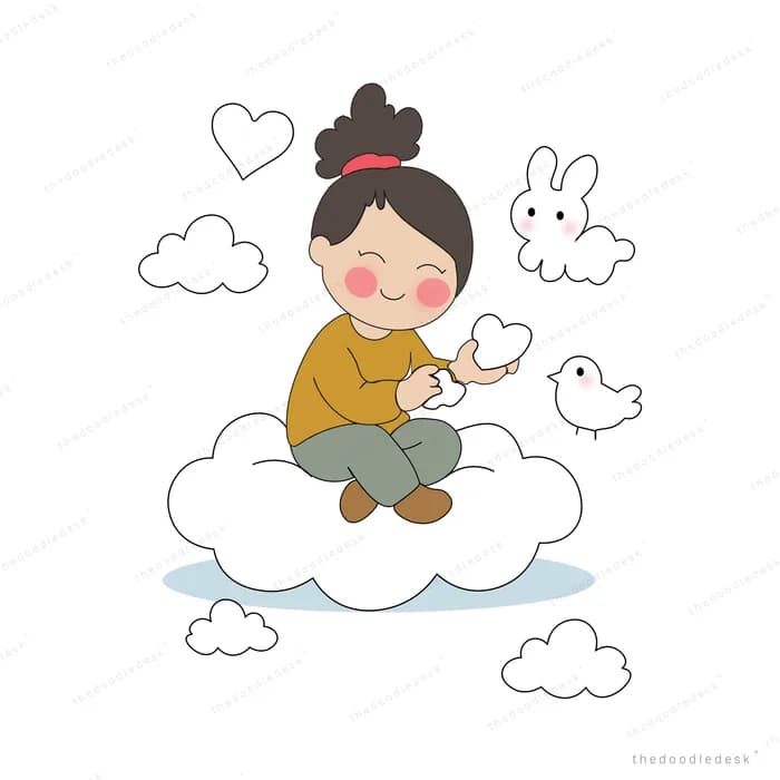 Girl sitting on a cloud with rabbits and birds floating around her