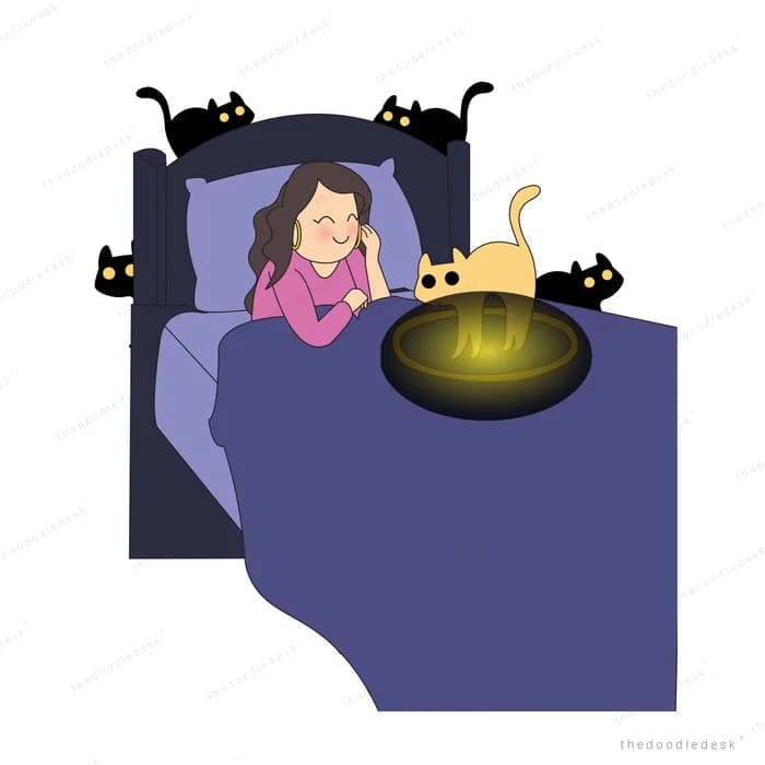 Girl asleep in a purple bed with black cats perched around her and a glowing bowl