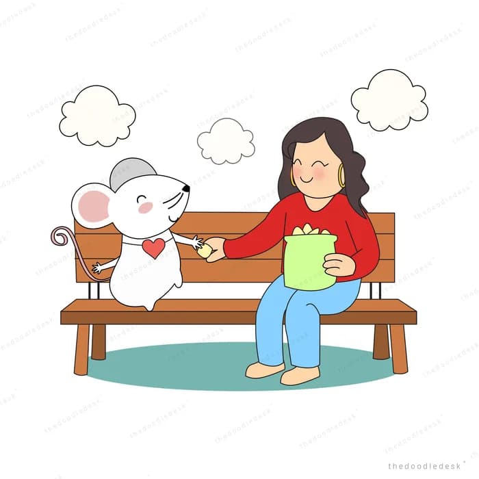 Woman sharing popcorn with a large white mouse on a park bench under clouds