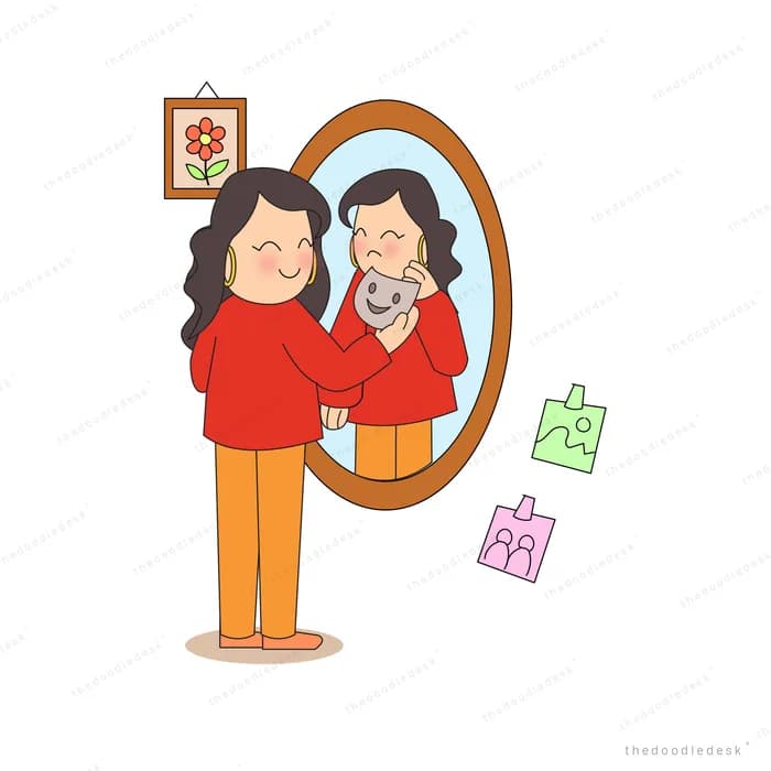 Woman standing before an oval mirror whose reflection holds a cat beside small photo cards