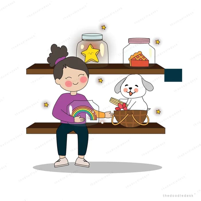 Woman sitting on a wooden shelf bench beside a white fluffy dog in a basket with jars and a star lantern above
