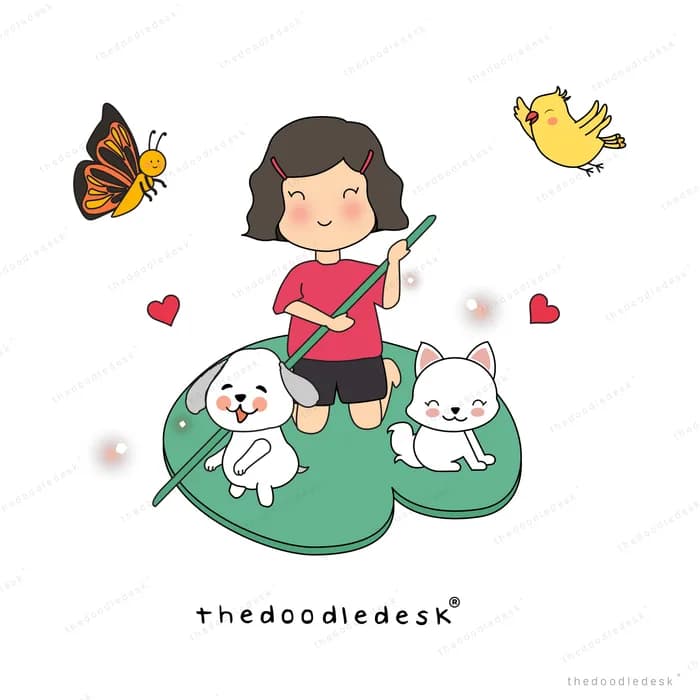 Girl standing on a green lily pad with a white dog and white cat, butterfly and bird nearby