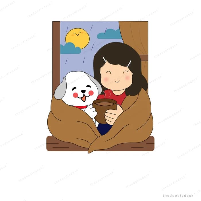Girl wrapped in a blanket beside a white dog at a window with sun and clouds outside