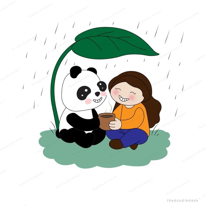Panda holding a large leaf as an umbrella over a girl in the rain