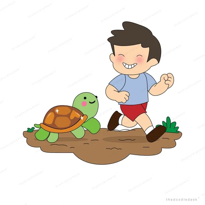 Boy running past a turtle across a brown mound