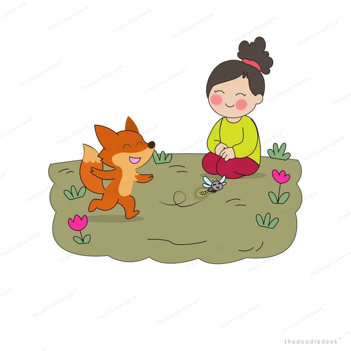 Girl kneeling to plant in soil with an orange fox beside her among flowers