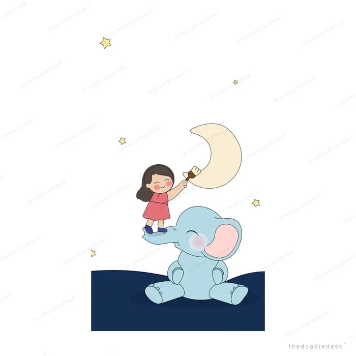 Girl standing on an elephant reaching up to touch a crescent moon