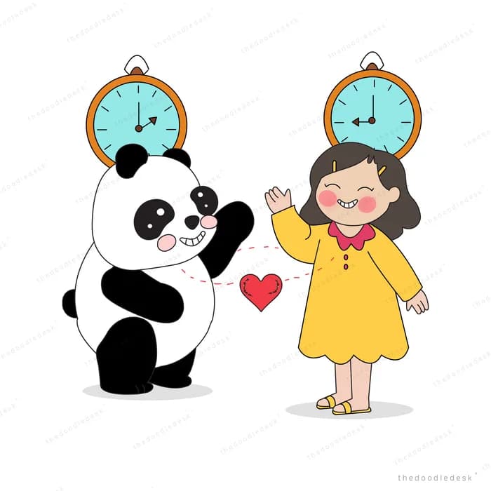 Panda and girl celebrating with alarm clocks above their heads and a heart between them
