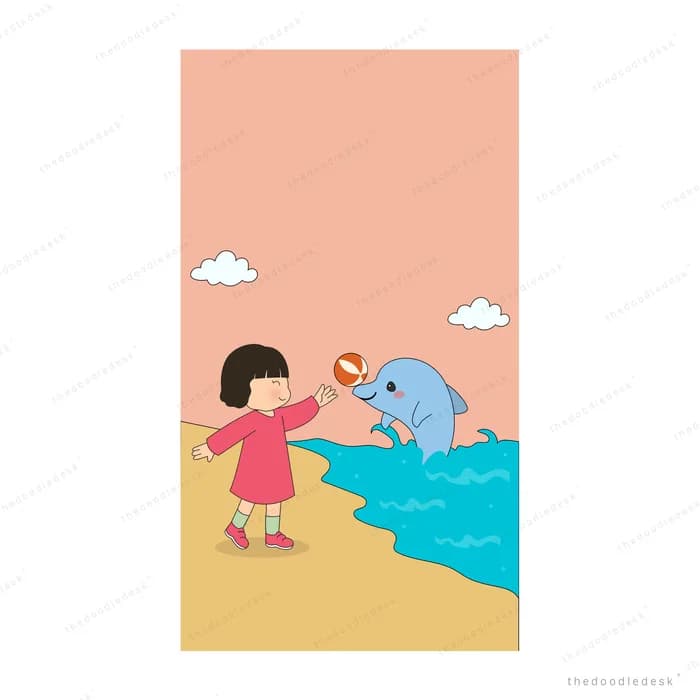 Girl crouching at the water's edge greeting a dolphin