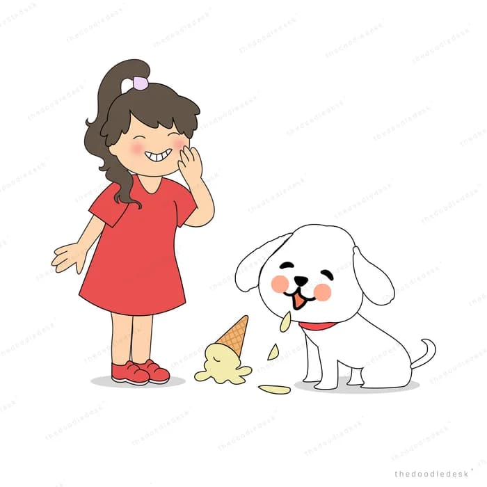 Girl crying over her dropped ice cream while a white dog watches