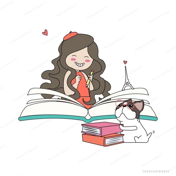 Girl lying on a giant open book reading with a cat and stacked books