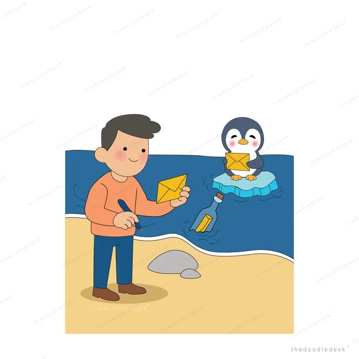 Man on a beach handing a fish to a penguin standing on an ice floe