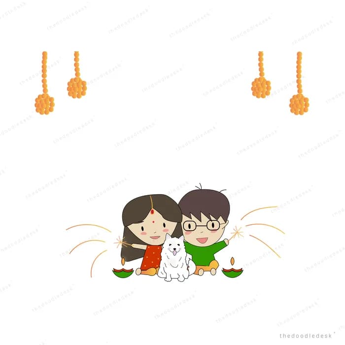 Two children holding diyas with a white dog beneath hanging lamps and sparklers