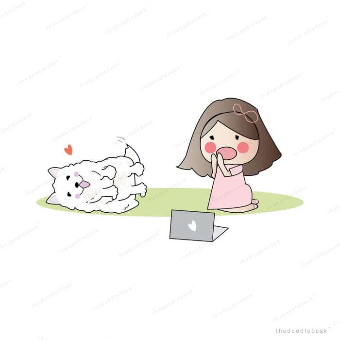 Girl sitting on the grass with a laptop while a white dog rolls beside her