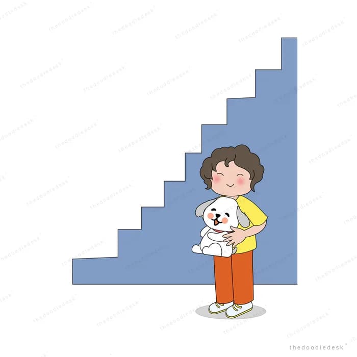 Girl carrying her white dog at the foot of a blue staircase