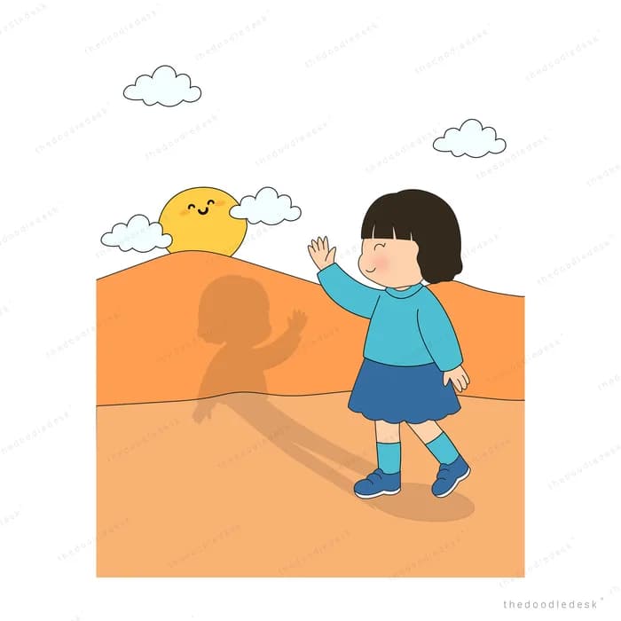 Girl waving at a chick perched above her with her shadow on the orange ground