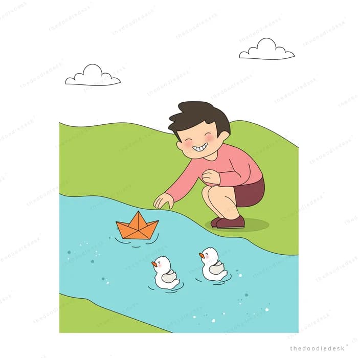 Boy crouching on a grassy bank floating a paper boat past two ducks