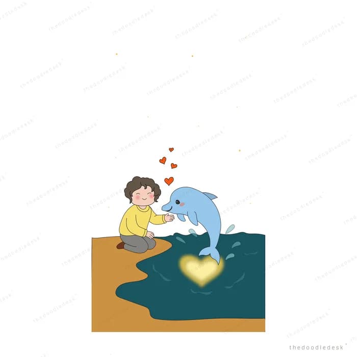 Boy on a ledge reaching to a small dolphin leaping from a glowing heart of water