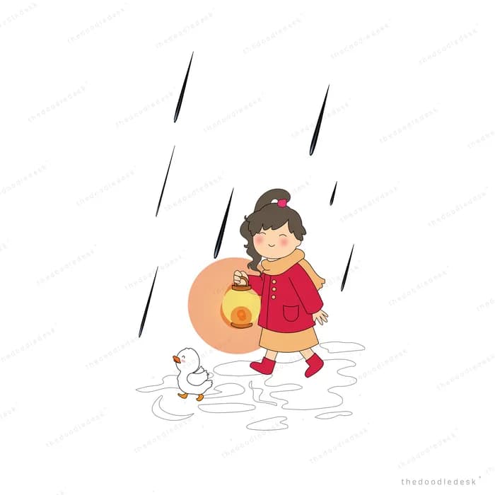 Girl holding a lantern in pouring rain with a duck at her feet in a puddle