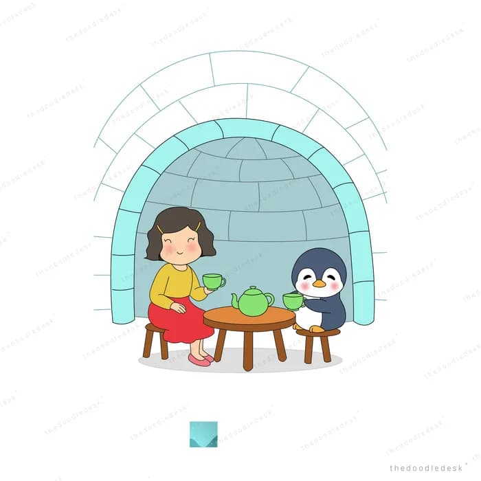 Girl and penguin sharing tea at a table outside an igloo