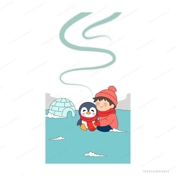 Girl in a red coat and a penguin beside an igloo with a trail winding behind them