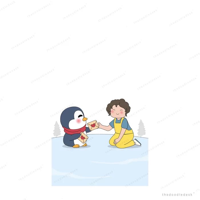Girl kneeling on the ice sharing food with a penguin
