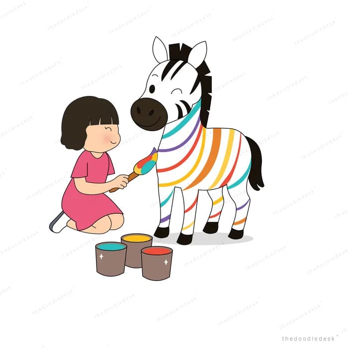 Girl painting black stripes onto a white horse to make it a zebra