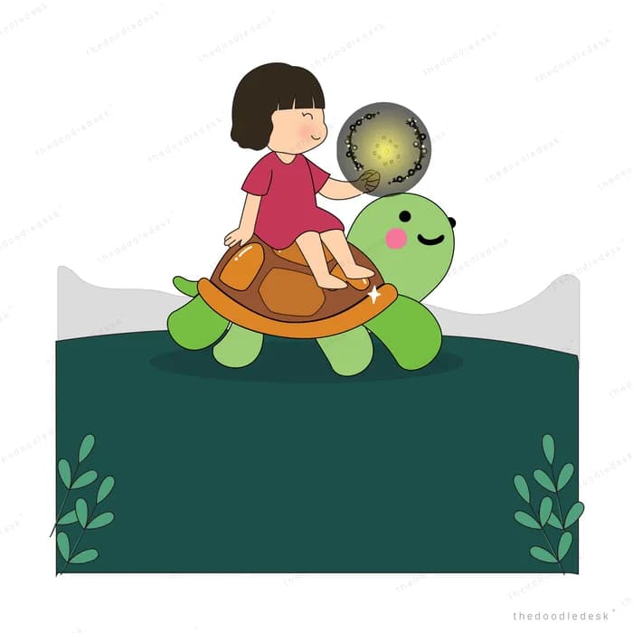 Girl riding a green turtle across dark water holding a glowing lamp