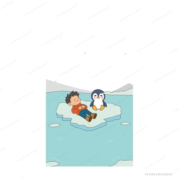 Boy lying on an ice floe looking through a telescope beside a penguin