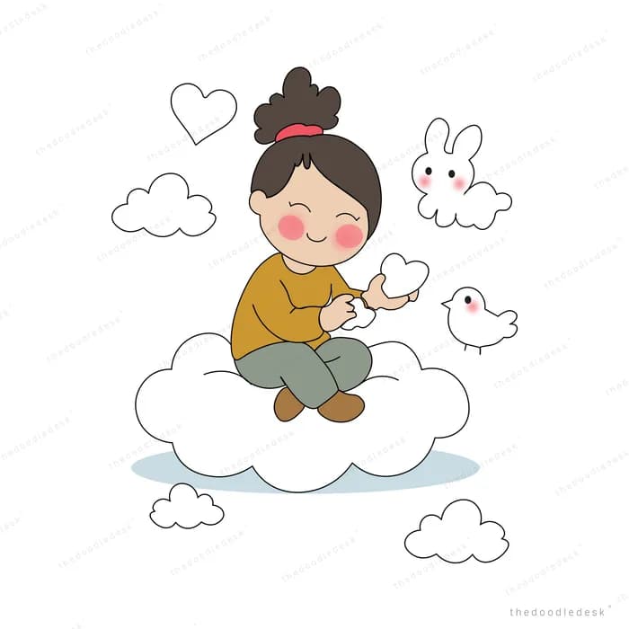 Girl lying on a cloud reaching out to small white birds with a heart drifting up