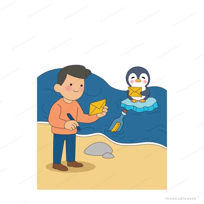 Man handing a paper plane to a penguin perched on a whale in dark water