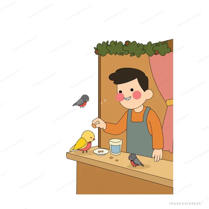 Man at a window counter feeding a small bird beside his cup